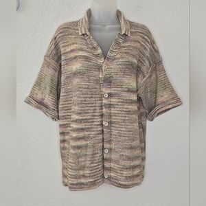 Zara Boho Rainbow Multi Striped Short Sleeve Thick Knit Button Front Sweater Top